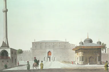 Constantinopla: Plaza de Santa Sofía mostrando la fuente y la Puerta Imperial del Antiguo Serrallo (Palacio de Topkapi)